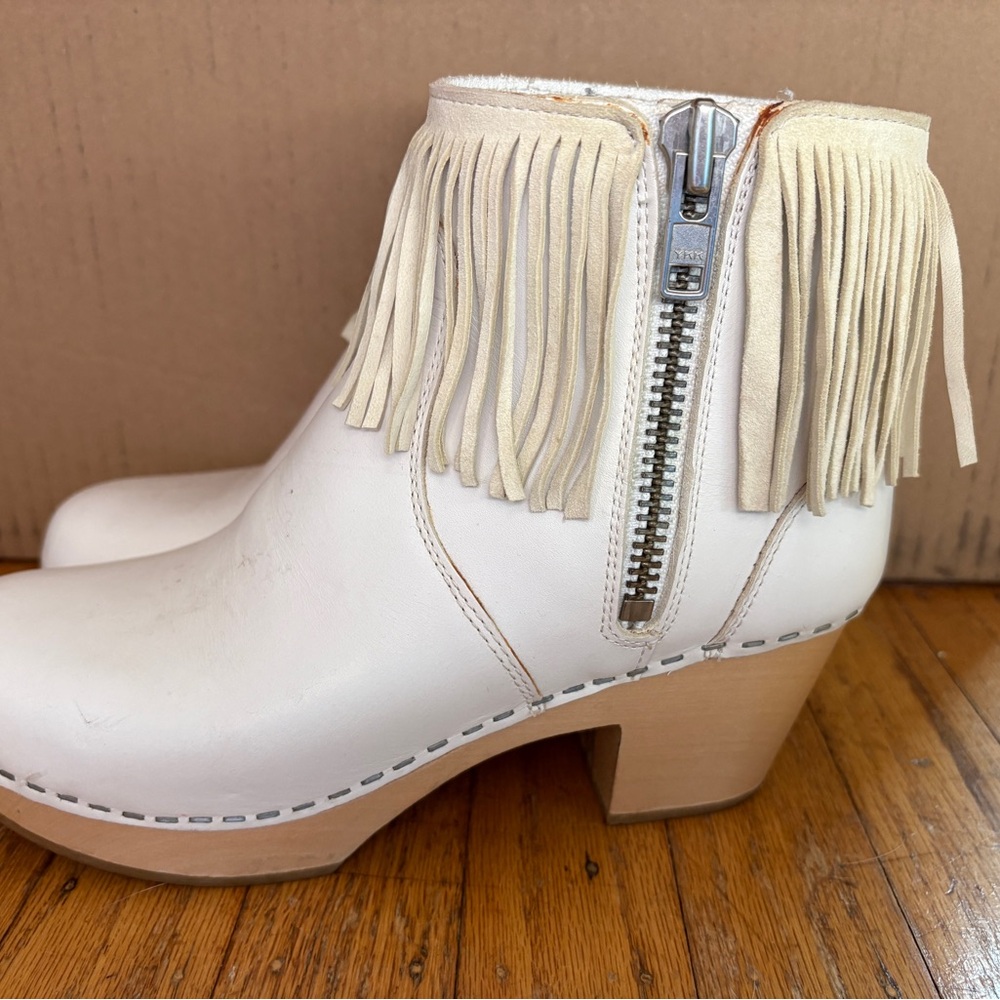 Swedish Hasbeens White Fringe Ankle Boots